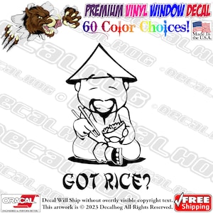 May include: Black and white cartoon illustration of a person wearing a traditional Asian hat and holding chopsticks and a bowl of rice. The text "GOT RICE?" is below the illustration.