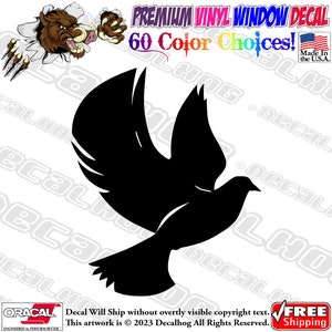 May include: Black silhouette of a dove in flight.  The dove is a symbol of peace and hope.  This vinyl decal is perfect for adding a touch of elegance to any window or surface.