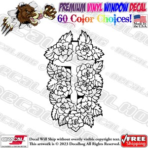 Very Detailed Cross Covered in Roses Vinyl Decal Car Truck Laptop Wall Window Graphics Bumper Sticker.