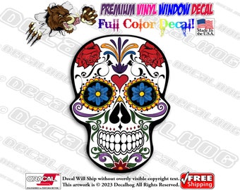 Sugar Skull Day of the Dead Full Color Car Truck Window Vinyl Decal Sticker.