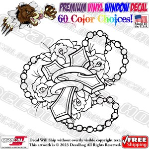 Holy Cross Prayer Beads Roses Detailed Vinyl Decal Car Truck Laptop Wall Window Graphics Bumper Sticker.