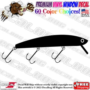 May include: Black silhouette of a fishing lure with three treble hooks. The lure is a classic minnow design with a single eye.  "Premium Vinyl Window Decal" and "60 Color Choices!" are written in the top right corner of the image.