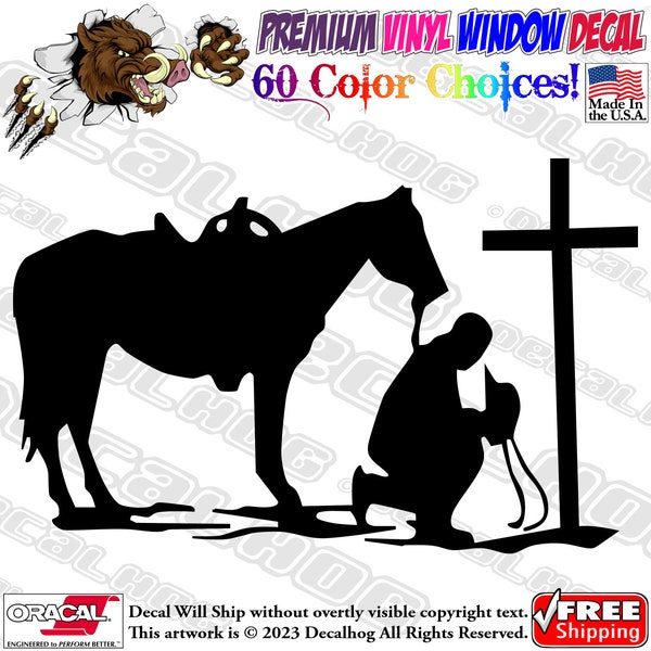 Cowboy Church Horse Cross Praying Vinyl Decal Car Truck Laptop Wall Window Graphics Bumper Sticker.