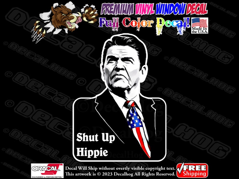 May include: A black and white illustration of a man with a serious expression wearing a suit and tie. The tie is an American flag. The text "Shut Up Hippie" is below the image.