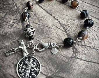 San Francesco d'Assisi, Bracciale del rosario in argento sterling con agata striata, croce francescana Tau