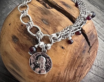 ST JOAN of ARC 925 Sterling Silver Charm Bracelet: Multi-Chain, Garnet
