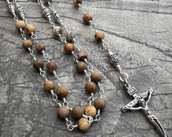 925 Sterling Silver MATTE PICTURE JASPER Rosary: Sacred Heart