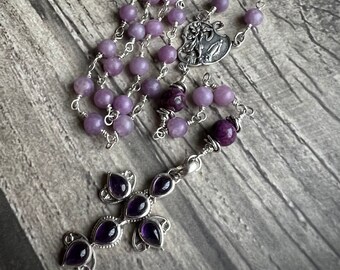 925 Sterling Silver Rosary: Natural Lepidolite, Purple Crazy Lace Agate, Amethyst Cross