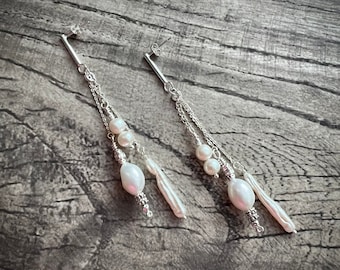925 Sterling Silver Natural WHITE PEARL Dangle Earrings