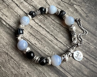 925 Sterling Silver Adjustable Bracelet: Natural Blue Lace Agate & Black Agate