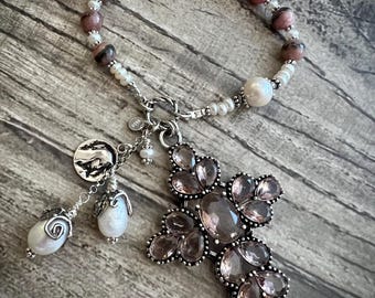 925 Sterling Silver Pocket / Car Rosary: RHODOCHROSITE, PEARLS , MORGANITE Cross