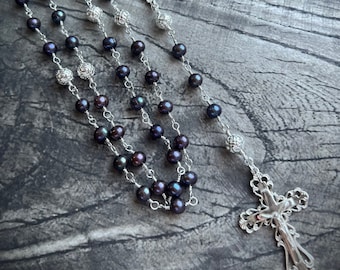 925 Sterling Silver Natural PEACOCK PEARLS Rosary: Heirloom quality