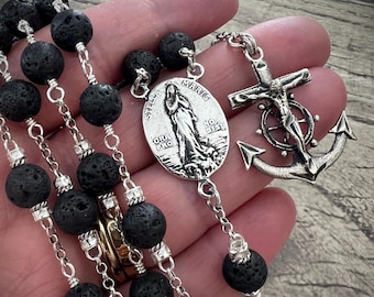STELLA MARIS 925 Sterling Silver Rosary: Natural Lava Rock, rugged style