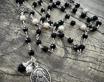 SEVEN SORROWS 925 Sterling Silver Rosary CHAPLET: natural Black Spinel, freshwater Pearls