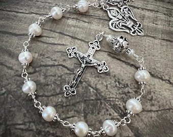 OUR LADY of LOURDES 925 Sterling Silver Pocket Rosary: Freshwater White Pearls, Holy Communion