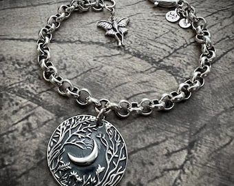 925 Sterling Silver Moon Charm Bracelet: Chunky 6mm Rolo Chain, 7.5”