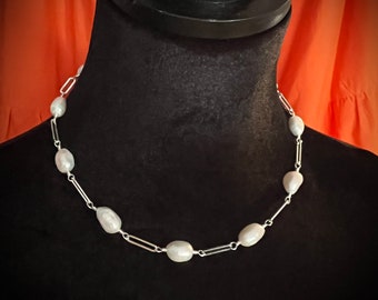 925 Sterling Silver WHITE PEARL Nugget Necklace: Adjustable