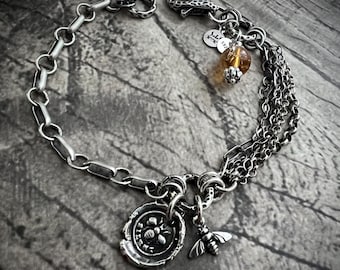 925 Sterling Silver Multi-Chain Artisan Bracelet: Bee Charm Bracelet, oxidized