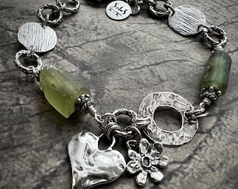 925 Sterling Silver ARTISAN Bracelet: Ancient Roman Glass beads, Rustic Heart & Daisy charms