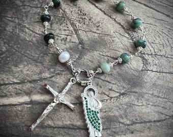 ST JUDE, Natural EMERALD 925 Sterling Silver Rosary: Car/Pocket Rosary, Heirloom quality