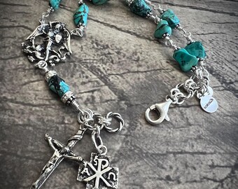 ST MICHAEL 925 Sterling Silver Rosary Bracelet: natural TURQUOISE, single decade
