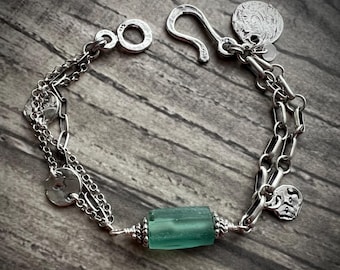 Ancient Roman Glass 925 Sterling Silver Multi-Chain Bracelet, ARTISAN