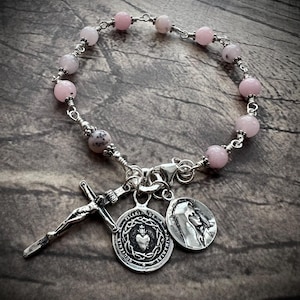 Sacred Heart of Jesus Have Mercy on Us, Natural PINK OPAL Sterling Silver Rosary BRACELET, natural stone rosary, single-decade rosary