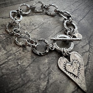 ARTISAN HEART, Sterling Silver Large Chain Links Bracelet, Solid Sterling Silver Bracelet, Heart Charm Bracelet, ARTISAN / Rustic Bracelet