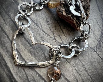 925 Sterling Silver ARTISAN Heart Bracelet: Natural Copper Rutile Quartz Charm bracelet