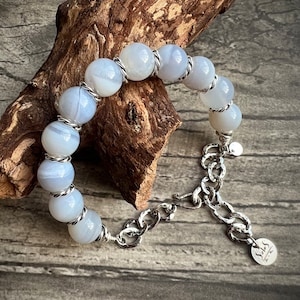 Natural BLUE LACE AGATE Bracelet, adjustable sterling silver chain bracelet, boho bracelet, handcrafted jewelry, stackable bracelet