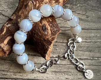 Natural BLUE LACE AGATE 925 Sterling Silver Bracelet:  Adjustable