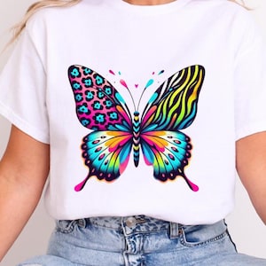 Colorful butterfly T-shirt, vibrant butterfly animal print t-shirt, nature lover gift, boho style t-shirt, trendy graphic t-shirt.