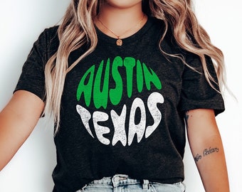 Camiseta de Austin, Texas: Camiseta con texto de burbujas verde y blanco