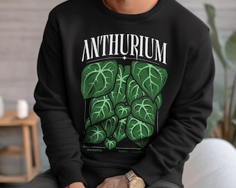 Sudadera acogedora de cuello redondo con diseño de planta de anturio - Ropa para fanáticos de las plantas de interior