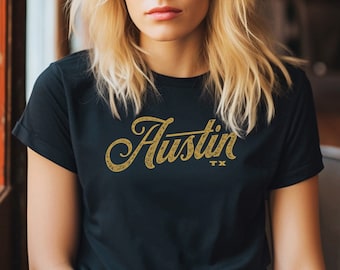 Camiseta de Austin, Texas: Camiseta unisex con texto cursivo, regalo para tejanos