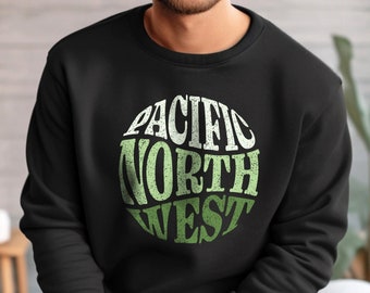 Sudadera con cuello redondo y texto deformado del Noroeste del Pacífico, unisex, tema de color verde