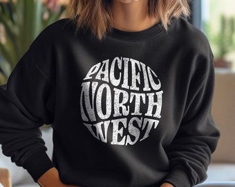 Sudadera con cuello redondo y texto deformado del Noroeste del Pacífico, unisex