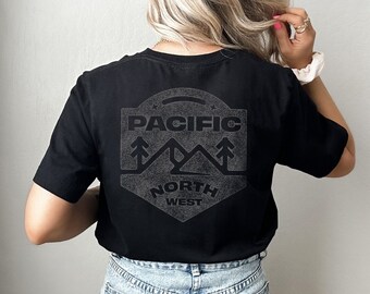 Camiseta gráfica unisex con árboles y montañas del noroeste del Pacífico, estilo vintage