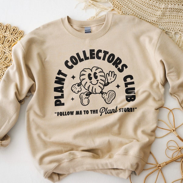 Plant Collectors Club Crewneck, Unisex Fun Plant Addict Sweatshirt, Comfy Athletic Gift for Plant Lovers with Cartoon Monstera Mascot