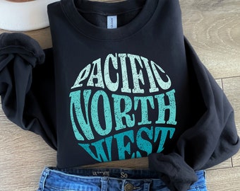 Pacific Northwest Warped Text Crewneck Sweatshirt Unisex, Blue Color Theme