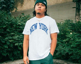 Camiseta de New York College, algodón grueso, American Apparel 1301 unisex, estampado frontal y trasero.