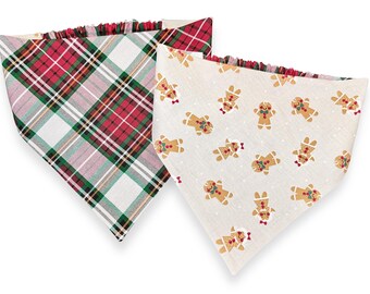Gingerbread Dog Bandana, Reversible Plaid Christmas Scrunchie Bandana, Slip-On Elastic Holiday Pet Scarf