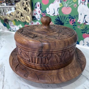 Vintage Hand Carved Wooden Cake Stand and Cover