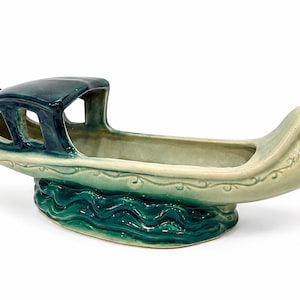 Vintage Ceramic Gondola Boat Planter 902 USA | Green & Cream Pottery | Mid Century Nautical Decor