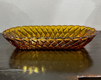 Vintage Indiana Glass Amber Basketweave Oval Dish