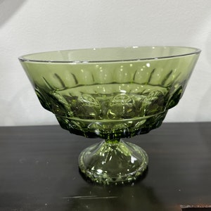 Vintage Avocado Green Thumbprint Pedestal Glass Compote Bowl