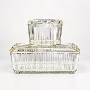 Vintage Federal Glass Refrigerator Dish Set / Ribbed Glass Food Storage Containers / Embossed Fruit Lids / 1940s Kitchen Glass