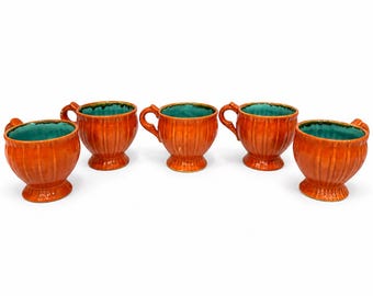 Set of 5 Vintage Stangl Pottery Teacups 1388, Orange and Teal Footed Cups, Circa 1930s