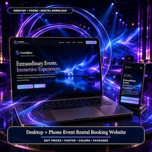 May include: A laptop and a smartphone displaying a website for LumaSphere Immersive Event Rentals. The screen shows the text Extraordinary Events. Immersive Experiences. The design features blue and purple light effects on a dark background.