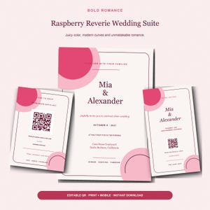 Plantilla de invitación de boda Raspberry Reverie, confirmación de asistencia con código QR editable, invitación digital para móviles.